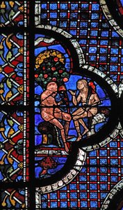 Das Fenster des barmherzigen Samariters: Adam und Eva unter dem Baum der Erkenntnis von Gut und Böse