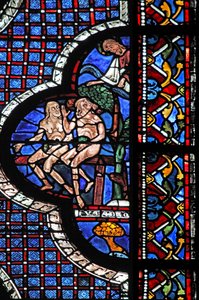 Das Fenster des barmherzigen Samariters: Gott ruft Adam und Eva (mit Feigenblättern) von French School