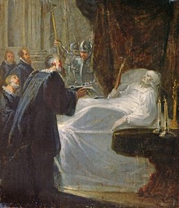 Der Gouverneur von Chateauneuf-de-Randon in Gevaudan übergibt die Schlüssel der Stadt an Bertrand du Guesclin bei seinem Tod 1380 von French School