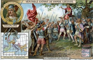 Die Heruler, ein germanischer Stamm im Dienst der römischen Soldaten, proklamierten ihren Anführer Odoaker 476 zum König von Italien (Ende des Römischen Reiches) - Liebig Werbeaufkleber