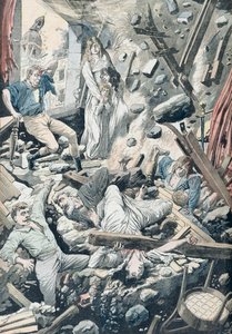 Die schrecklichen Folgen eines schrecklichen Erdbebens in San Francisco, Illustration aus 