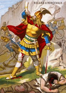 Der Ritter Roland in Roncesvalles bläst das Horn. Roland, der die Nachhut der Armee Karls des Großen führte, wurde am 15. August 778 von den Basken überrascht. Er blies dann sein Horn, zu spät, um dem König zu Hilfe zu kommen. Chromolithographie der Serie  von French School