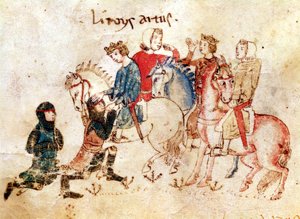 Die Ritter Esclabor und Arphasar bieten König Artus ihre Dienste an, aus dem Roman de Meliadus