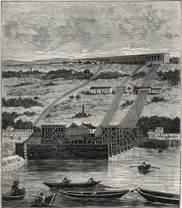 Die Maschine von Marly - Ansicht der Maschine des Aquädukts von Marly, installiert in Bougival - Der Aquädukt von Louveciennes (oder Marly) zur Versorgung von Versailles und dem Schloss von Marly mit Wasser - Gravur in "Sciences put at the disposal of all  von French School