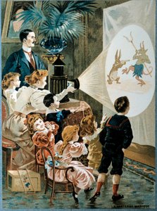 Die Zauberlaterne in der Familie Kinder schauen auf die Zauberlaternenleinwand, 20. Jahrhundert (Chromolithographie)