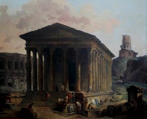 Die Maison Carrée, das Amphitheater und der Tour Magne, Nîmes von French School