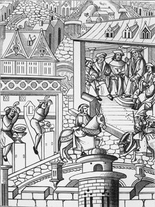 Die Münzstätte, nach einem Holzschnitt in De lInstitution de la Chose Politique, eine Übersetzung des lateinischen Werkes von Francis Patricius, veröffentlicht 1520 von French School