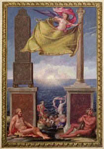 Die Säulen des Herkules, Frontispiz einer Sammlung von Karten von Katalonien und den Balearen von Pene, 1680 von French School