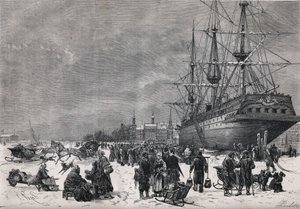 Das preußische Schiff „Teutonia“ im Hafen von Hamburg in Deutschland. Französische Soldaten wurden im Krieg von 1870 gefangen gehalten. Gravur in „Le Monde Illustré“ Nr. 743 vom 8. Juli 1871. von French School