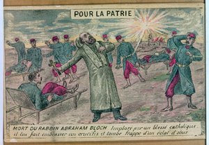 Der Rabbi Abraham Bloch bietet einem sterbenden katholischen Soldaten ein Kruzifix an und wird von einer Granate getroffen, 1914-18 von French School