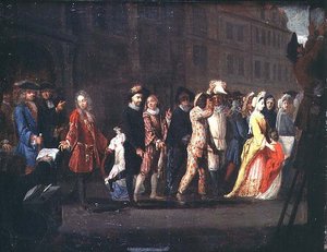 Die Rückkehr der Komödianten nach der Unterdrückung der Comédie Italienne, 1697 von French School