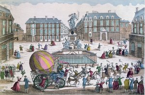 Die Rückkehr am 2. Dezember 1783 zur Werkstatt auf dem Place des Victoires des Ballons von Jacques Charles und Nicholas Robert von French School