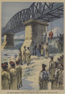 Der Russisch-Japanische Krieg: Russische Truppen hängen drei japanische Saboteure von der Brücke, die sie sprengen wollten von French School