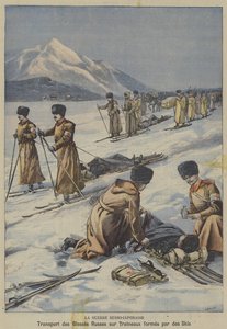 Der Russisch-Japanische Krieg: Verwundete russische Soldaten auf Schlitten aus Skiern transportiert von French School