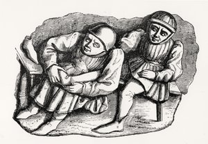 Der Schuster und sein Kunde, kopiert von einem der Misericordia-Stände im Chor der Kathedrale von Rouen, Illustration aus Wissenschaft und Literatur im Mittelalter und der Renaissance, geschrieben und
