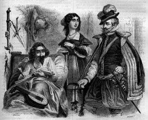 Der spanische Schriftsteller Miguel de Cervantes Saavedra (1547-1616) zu Hause im Jahr 1614 umgeben von seiner Frau und dem Grafen von Lemos. Gravur von 1852. von French School