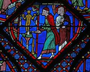 Das St. Jakobus Fenster: Almogenes (Hermogines) zerstört das Idol von French School