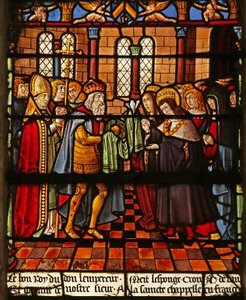 Das Fenster des Heiligen Ludwig: Der Kaiser bietet Reliquien der Leidenswerkzeuge an von French School