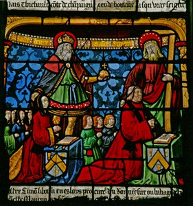Das Fenster des Heiligen Ludwig: Die Stifter Henriette de Mauroy und Simon Liboron sind mit ihren Schutzheiligen St. Heinrich und Simon von Kyrene zu sehen