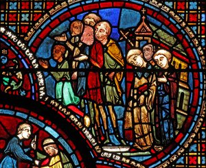 Das St. Lubin Fenster: Eine Prozession verlässt eine Kirche von French School