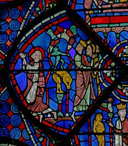 Das St. Thomas Fenster: Während er betet, zerbricht ein Dämon heidnische Statuen von French School