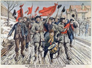 Der Streik der Bergleute in Pas-de-Calais, der Umzug der Streikenden im Bergbaudorf, aus Le Petit Journal, 1. April 1906 von French School