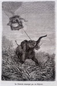 Die Victoria von einem Elefanten gezogen - in „Fünf Wochen im Ballon“, Roman von Jules Verne