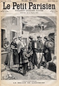 Der Unterkunftsschein, der ein Bett und eine Kerze berechtigt, wird den Soldaten nach ihren Übungen und großen Manövern verteilt. In der Zeitung „Le Petit Parisien“ am 03.09.1893 (Gravur) von French School