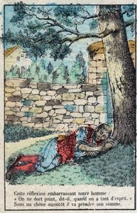 Die Eichel und der Kürbis. Fabeln von Jean de La Fontaine (1621-95). Epinal-Bild Ende des 19. Jahrhunderts. von French School