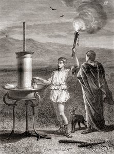 Das antike griechische hydraulische Semaphor-System, das von Aeneas im 4. Jahrhundert v. Chr. verwendet wurde, um eine Nachricht zu senden, aus Les Merveilles de la Science, veröffentlicht um 1870 (Gravur)