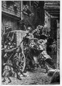 Die Verhaftung von Pierre Broussel (1575-1654) im Jahr 1648 auf Befehl von Anna von Österreich (1601-1666), was den Aufruhr des Volkes (Barrikadentage) und die Fronde auslöste von French School
