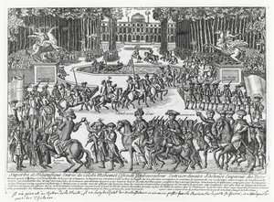 Die Ankunft von Mehmed Celebi Efendi, Botschafter von Sultan Ahmed III. der Türkei, in den Tuilerien, um von Ludwig XV. im Jahr 1721 empfangen zu werden (Stich)