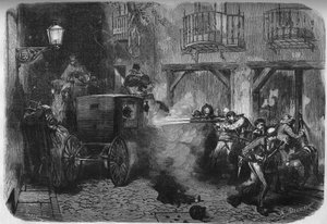 Die Ermordung von Juan Prim y Prats (1814-1870), spanischer General und Politiker, beim Verlassen der Cortes, in der Straße del Turco in Madrid am 28. Dezember 1870. Gravur in „Le Monde Illustré“ Nr. 724 vom 25. Februar 1871. von French School