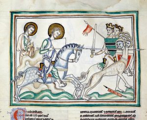 Der Kampf mit dem Drachen mit sieben Köpfen: Ritter kämpfen mit Speeren gegen einen Drachen mit mehreren Köpfen, der die sieben Könige verkörpert. Miniatur aus der Apokalypse von Cambrai, illuminiert von der französischen Schule des 13. Jahrhunderts. Ms. 4 von French School
