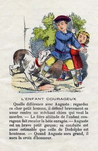 Das tapfere Kind. Ein Kind verteidigt seine Schwester gegen einen Hund. Kleines Jungenalphabet. Abecedarium mit moralischem Wert, das Leseübungen enthält. Epinal-Bild, Ende des 19. Jahrhunderts