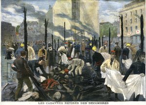 Das Feuer im Bazaar de la Charité, die Leichen werden von den Rettern aus den Trümmern geborgen von French School
