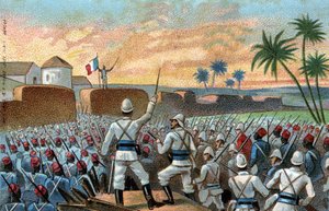 Die Eroberung von Abomey, der ehemaligen Hauptstadt von Behanzin (heute Benin) durch die französische Expeditionsarmee unter dem Kommando von General Alfred Amedee Dodds (17. November) von French School