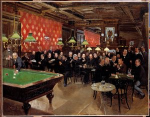 Der Kreis der republikanischen Union: Mitglieder der republikanischen Union treffen sich im Café, um zu plaudern und Billard zu spielen zur Zeit der 3. Republik. Anonymes Gemälde von French School