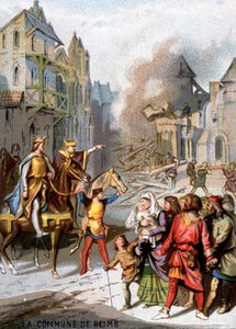 Die Kommune von Reims (1160) - Vergeltungsmaßnahmen von Ludwig VII., um die kommunalen Freiheiten der Bürger von Reims zu zerstören. Chromolithographie der Serie Patriotische Erziehung durch Bild von French School