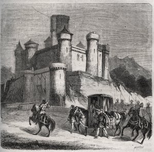 Der Zug von Rigonde (Rigonthe) (um 569-nach 589) verlässt Paris, um zu ihrem Verlobten, Prinz Recarede, zu gehen. Gravur von 1871 in „Histoire Des Cocus Célèbres“ von Henry de Kock (1819-1892). von French School