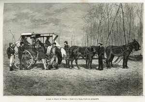 Der Kurs oder die Diligence auf dem Pferd der Prärien, Zeichnung von A. Dupuis zur Illustration der Geschichte eines Ausflugs nach Kanada und zum nördlichen Roten Fluss im Jahr 1873 von H. de Lamotte. Gravur in Le Tour du monde von French School