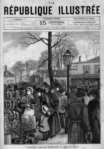 Die Menge vor dem Eingang zum Friedhof Montmartre in Paris am Tag der Toten (Toussaint). Eine Zeitung. Gravur von 1880 in „La republique illustree“ private Sammlung. von French School
