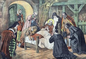 Der Tod des Heiligen Franz von Sales am 18. Dezember 1622 in Lyon, umgeben von Gläubigen. "Le pelerin" vom 31.12.1922 von French School