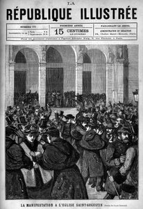 Die Demonstration an der Kirche Saint-Augustin in Paris: Auseinandersetzung zwischen der Pariser Polizei und Demonstranten, die gegen die Dekrete vom März 1880 protestieren, die von Jules Ferry erlassen wurden und das Recht auf Unterricht durch nicht autor von French School