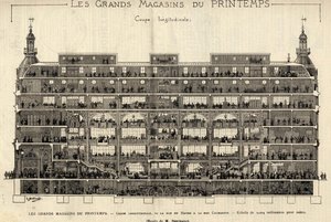 Die Kaufhäuser von Printemps im Jahr 1889, Längsschnitt, von der Rue du Havre zur Rue Caumartin, Zeichnung von Berteault, Bianchetti-Sammlung