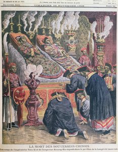 Die Ausstellung der Leichen des Kaisers Kouang-Siu (1872-1908) und seiner Tante der Kaiserin Tseu-Hi (1835-1908) im Pavillon der kaiserlichen Langlebigkeit, Illustration aus Le Petit Journal 1908