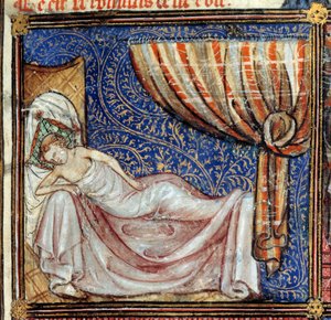 Der Traum, Detail: Der schlafende Liebhaber. Miniatur in „Le Roman de la rose“ von Jean de Meun, Jean de Meung oder Jean Chopinel, Jean Clopinel (ca. 1240-1305), um 1370. Chantilly, Musée Condé von French School