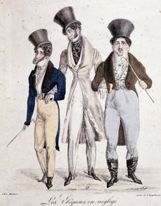 Die Elegante in Nachlässigkeit, drei Häuser im Anzug - Lithographie von French School