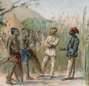 Der Entdecker Paul Crampel (1864 - 1891) verhandelt mit den Einheimischen des Kongo. Chromolithographie aus dem 19. Jahrhundert.