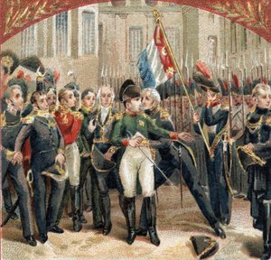 Der Abschied von Napoleon Bonaparte (1769-1821) von der kaiserlichen Garde im Hof von Cheval Blanc im Schloss Fontainebleau am 20.04.1814. Chromolithographie des späten 19. Jahrhunderts von French School